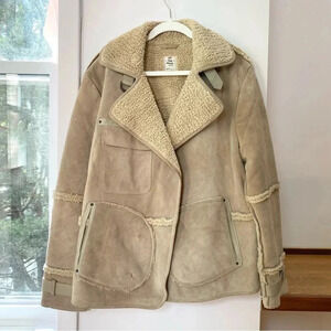 New Free People Cassidy Cozy Jacket Coat Suede Leather Sherpa Oversized Taupe